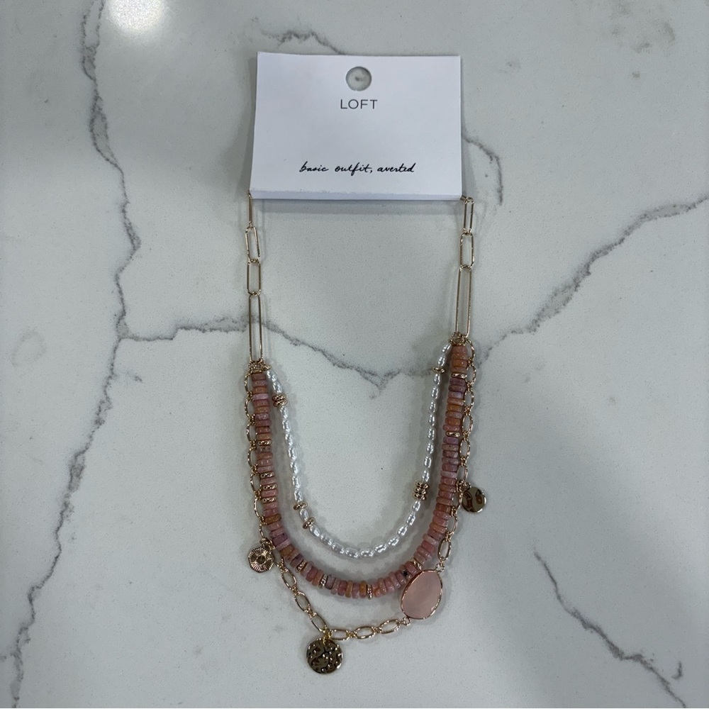 LOFT Pink Pearl & Gold Layered Pendant Necklace with Delicate Chains - Picture 2 of 10
